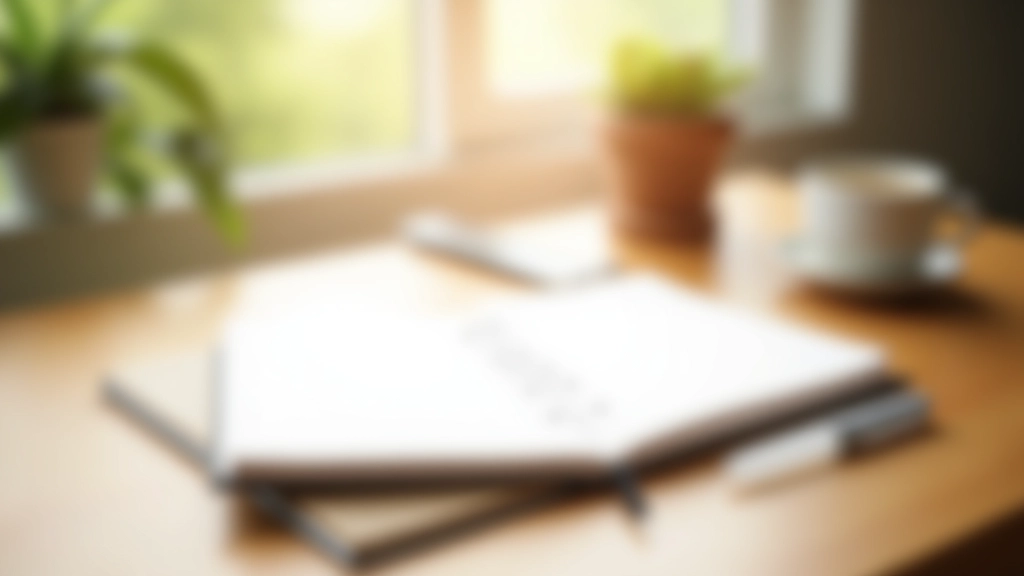Modern minimalist workspace with notebook, pen, and morning light streaming through window