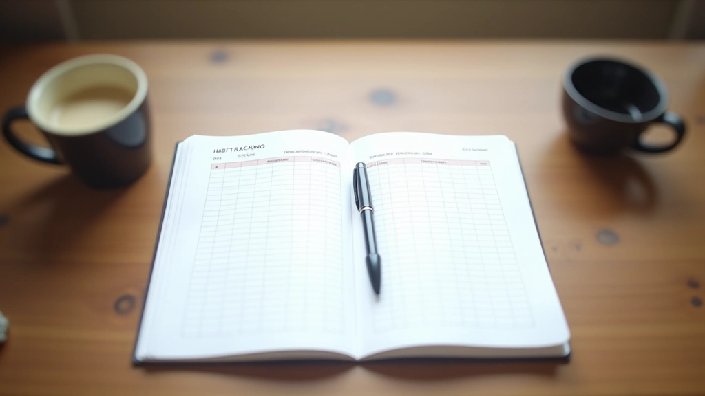 Open journal with handwritten habit tracker next to morning coffee cup and pen on desk