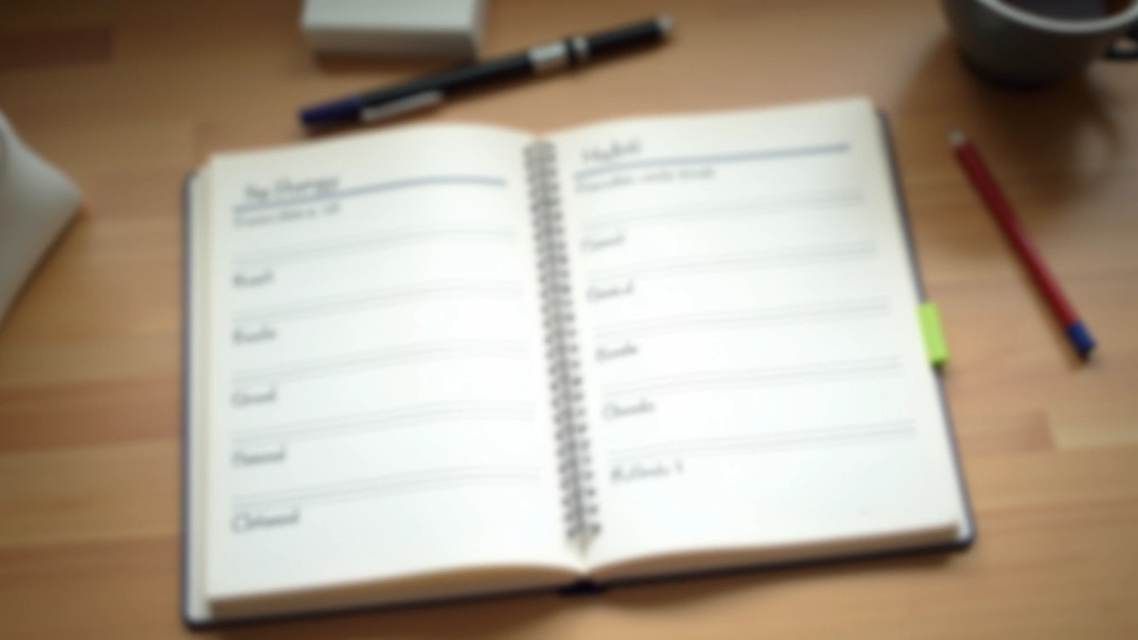 Notebook with goal-setting and habit tracking written on open pages, pen beside it on wooden desk