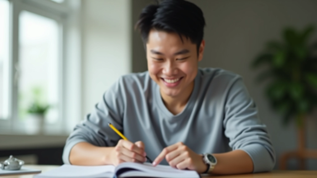 Person reviewing progress notes with satisfied expression at desk