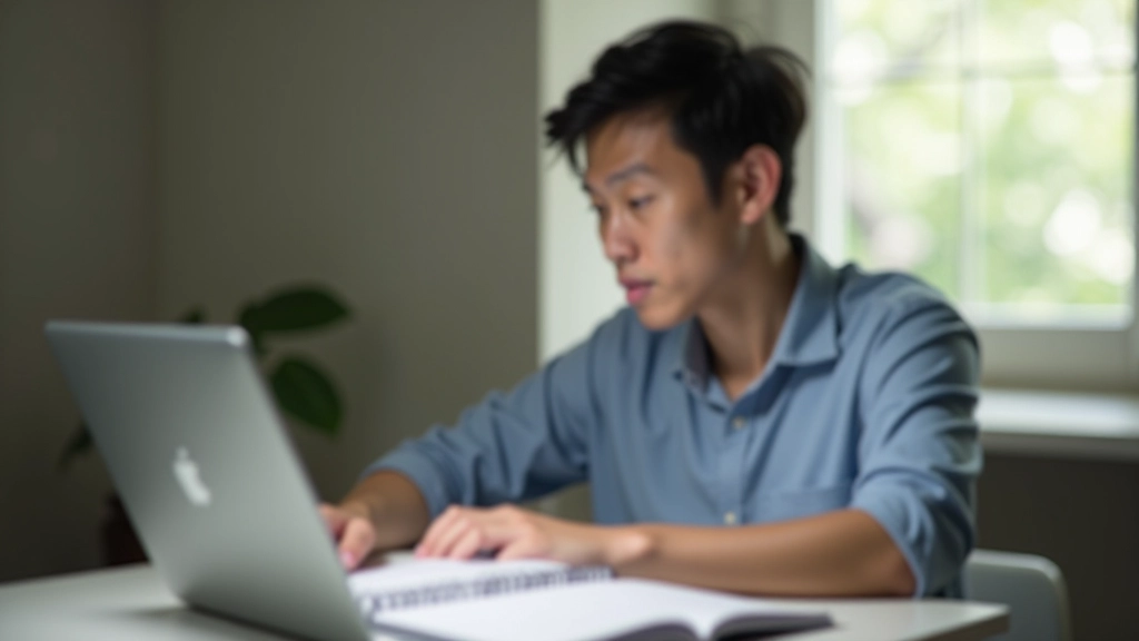 Focused person working at laptop with organized workspace, planner visible on desk