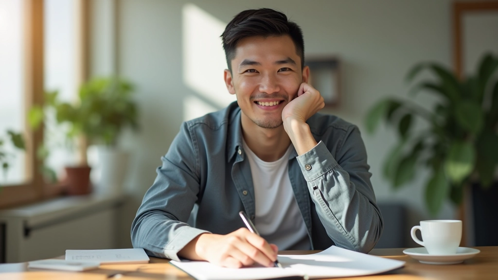 Person sitting at desk with notebook, morning coffee, focused on writing goals and planning daily habits