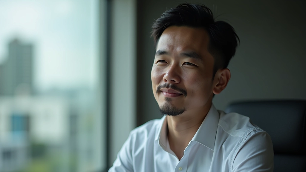 Person pausing to reflect with hand on chin, sitting in quiet space with notebook and pen nearby