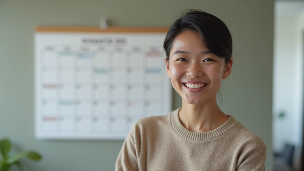 Person looking at calendar on wall with marked dates and small icons representing completed daily habits