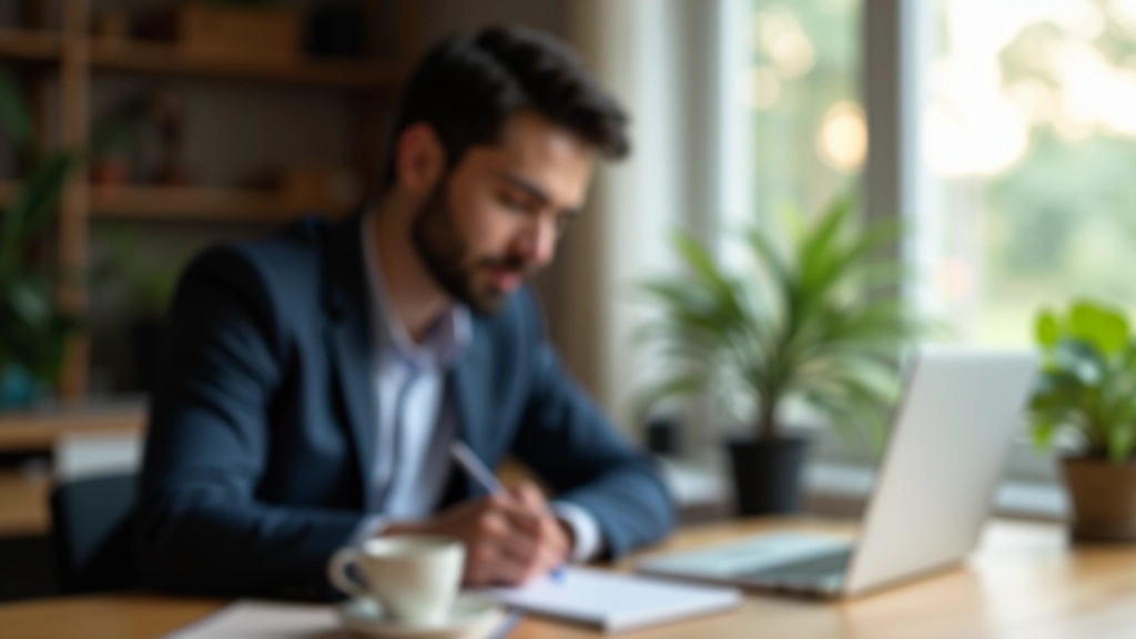 Person focused at desk with organized workspace and habit tracking notebook visible
