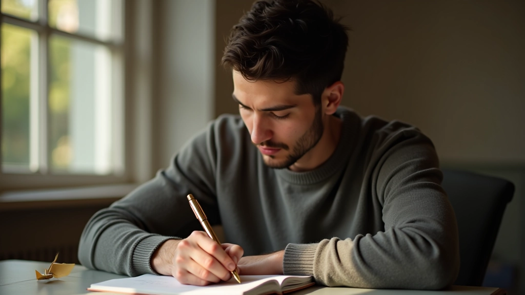 Person writing goals and plans in notebook at desk, focused on planning and organizing personal development strategy