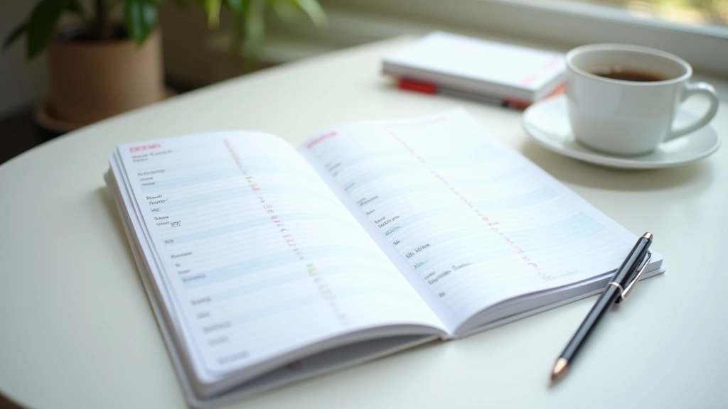 Weekly planner on desk with color-coded schedule and goal tracking notes
